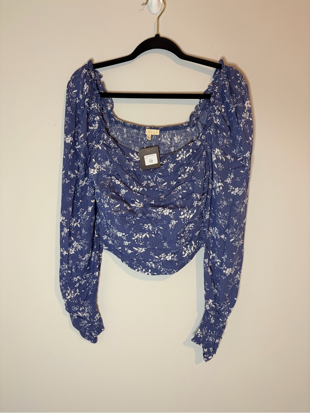 NWT Promesa Boutique Blue Floral Ruched Long-Sleeve Women's Crop Boho Top S